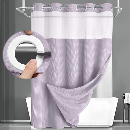 No Hook Shower Curtain with Liner Set Hotel Waffle Lavender 72W X 75L | Washable Snap in Fabric Liner, Mesh Top Window, Waffle Hotel Style Shower Curtain Set