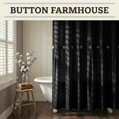 Farmhouse Shower Curtain Linen Button Rustic Black 72" W x 72" L | Farmhouse Style, Chic Button, Striped, Linen Fabric, Rustic, Country, Natural Look, Washable, for Bathroom Bathtub