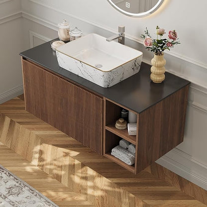 36" Modern Floating Bathroom Vanity with Single Sink - Wall Mounted Storage Bathroom Cabinet with Black Sintered Stone Countertop| Large Storage Space & Open Shelves, Dark Wood