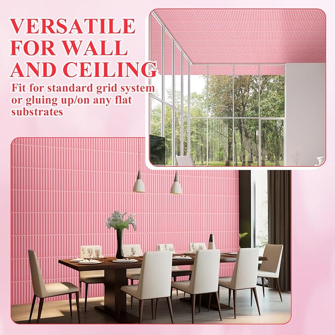 Nuanchu 32 Pcs 3D Wall Panels, 12"x12" PVC Fluted Tiles, Pink | Waterproof Accent Panels, Paintable Wall Tiles, for TV Background, Bedroom, Bathroom, Gaming Room, Cuttable Home DIY Decor