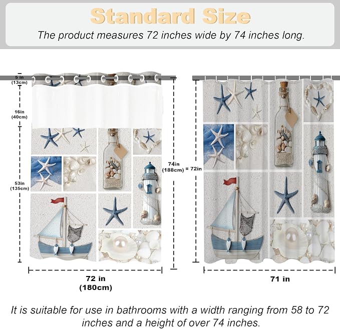White Abstract Beach Theme No Hook Waffle Weave Shower Curtain with Snap in Liner Summer Ocean Coastal Nautical Modern Bathroom Decor Set 72 W x 74 H Inch Blue