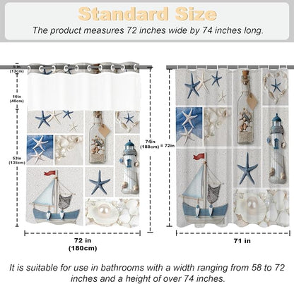 White Abstract Beach Theme No Hook Waffle Weave Shower Curtain with Snap in Liner Summer Ocean Coastal Nautical Modern Bathroom Decor Set 72 W x 74 H Inch Blue