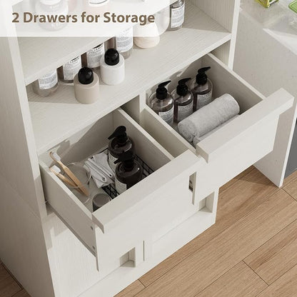 Garvee Tall Bathroom Cabinet, Floor Storage Cabinet with Doors & 2 Drawers, 51" H Tall Organizer Cabinet Freestanding for Bathroom, Living Room, Kitchen & Pantry (White)
