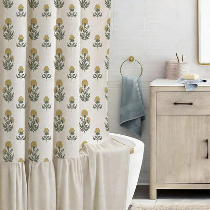 ORTIGIA Linen Textured Ruffle Shower Curtain with Metal Hooks, Vintage Yellow Floral Block Print Boho Waterproof Bath Curtain for Rustic Farmhouse Bathroom Decor 72x72 Inch