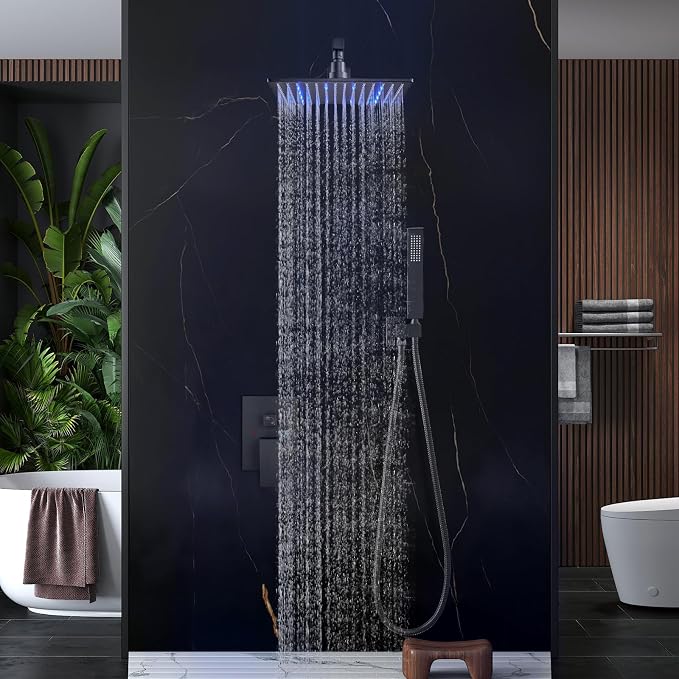 Aolemi Shower Faucet Set with Valve Handheld 10" LED Head Matte Black | Handheld Spray,10 Inch Rain LED Head,Valve and Trim Kit,All Metal,Wall Mount Shower System,Bathroom Mixer