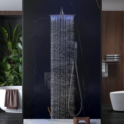 Aolemi Shower Faucet Set with Valve Handheld 10" LED Head Matte Black | Handheld Spray,10 Inch Rain LED Head,Valve and Trim Kit,All Metal,Wall Mount Shower System,Bathroom Mixer
