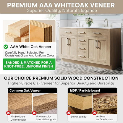 60-Inch Bathroom Vanity with Double Sinks W/ 4 Doors & 4 Drawers & 2 Flip Drawers, Oak Vanity W/Brushed Nickel Handles