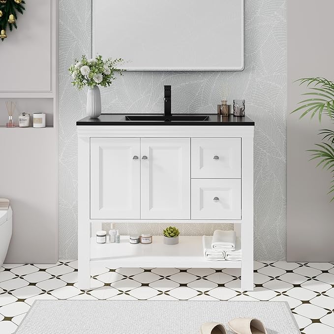 eclife 36" Bathroom Vanity with Sink Combo, Modern Painted Vanities Cabinet w/Wide Opening Storage Shelf, 2 Drawers, Soft Closing Doors and Undermount Black Sink Faucet Drain, White