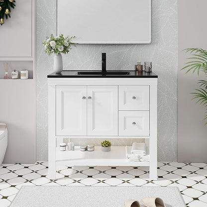 eclife 36" Bathroom Vanity with Sink Combo, Modern Painted Vanities Cabinet w/Wide Opening Storage Shelf, 2 Drawers, Soft Closing Doors and Undermount Black Sink Faucet Drain, White