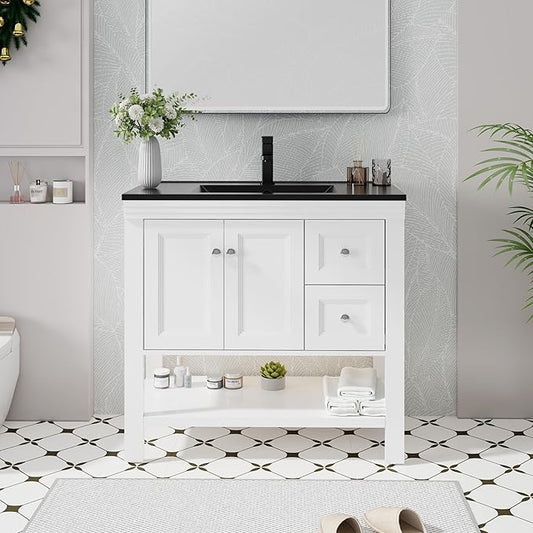 eclife 36" Bathroom Vanity with Sink Combo, Modern Painted Vanities Cabinet w/Wide Opening Storage Shelf, 2 Drawers, Soft Closing Doors and Undermount Black Sink Faucet Drain, White