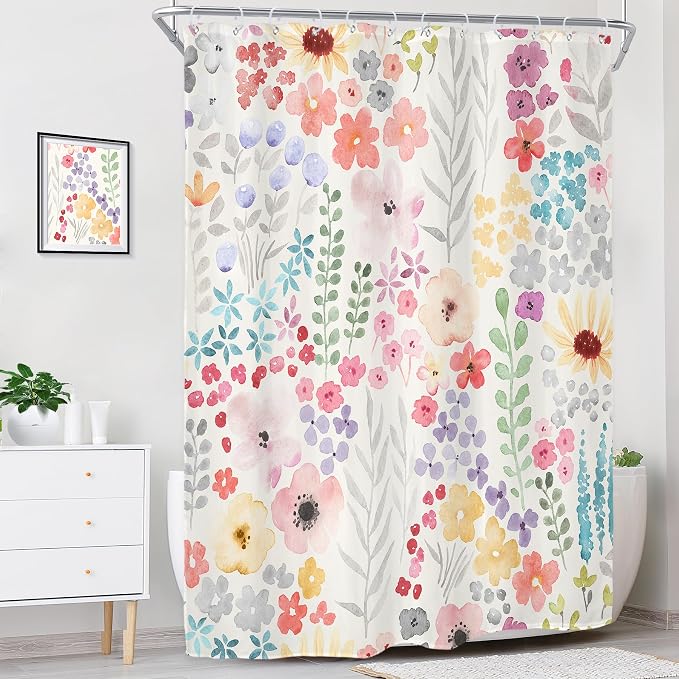 Extra Long Colorful Cute Floral Flowers Plants Bathroom Shower Curtain Set | 72"W x 96"H Botanical Girls; waterproof HD print, quick-dry fabric with 12 hooks for easy hanging.