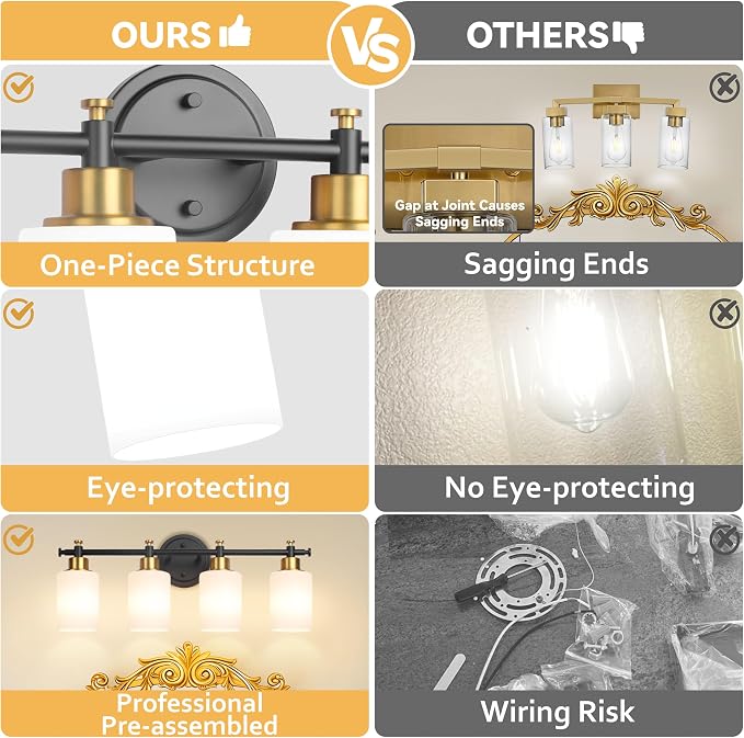 4 Light Bathroom Vanity Light Fixture Over Mirror, Black and Gold, 23'' | Vanity Lights for Bathroom, Bedroom, Living Room, White Frosted Glass Shades, Modern, E26(Bulbs Not Included)