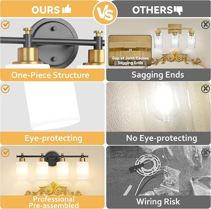 4 Light Bathroom Vanity Light Fixture Over Mirror, Black and Gold, 23'' | Vanity Lights for Bathroom, Bedroom, Living Room, White Frosted Glass Shades, Modern, E26(Bulbs Not Included)