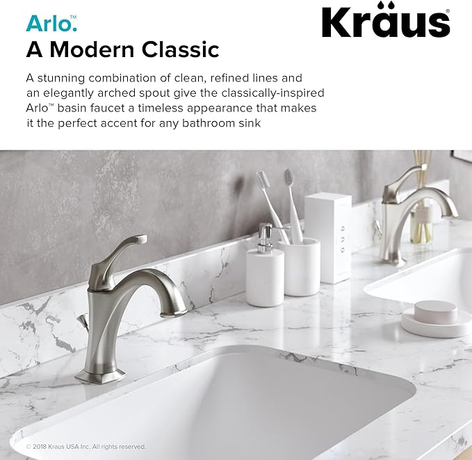 KRAUS KBF-1201SFS Arlo Single Handle Basin Bathroom Faucet with Lift Rod Drain and Deck Plate, Spot-Free All-Brite Stainless Steel