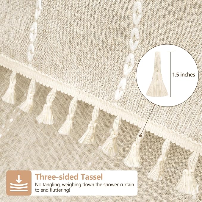 Seenus Boho Farmhouse Linen Shower Curtain with Tassels, Heavyweight Soft Fabric Shower Curtain Beige Water Repellent, 72 x 72 Inch Cream Elegant Bathroom Decor Shower Curtains Cotton Striped