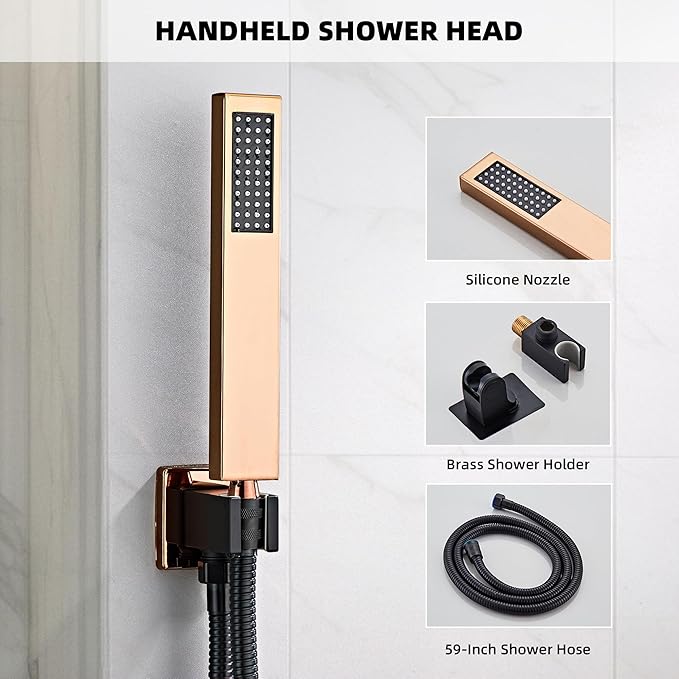 Rainfall Shower Faucet Set with Tub Spout 8 Inch, Shower Head and Handle with 2 Hooks, Rain Shower and Handheld Shower System Square Wall Mount for Bathroom