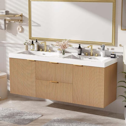 Merax 60 inch Bathroom Vanity with Double Sink, Floating Bathroom Vanities with SMC Resin Top, Painted MDF Cabinet with Solid Wood Frame, Wall-Mounted Modern Storage Vanity for Large Bathrooms
