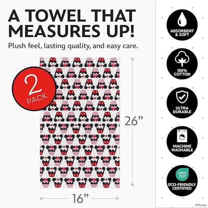 Disney Mickey & Minnie Cotton Kitchen Towels, 2-Pack 16"x26", Absorbent | Durable, colorfast dish towels resist fraying, machine washable, dries dishes, hangs on oven handles, great for gifting