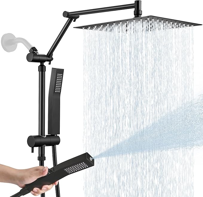 All Metal 12 Inch Rain Shower Head with Handheld Spray Combo, High Pressure Waterfall Rainfall Square Shower Heads with 16" Adjustable Extension Arm, Dual Showerhead with 3-Way Diverter, Matte Black