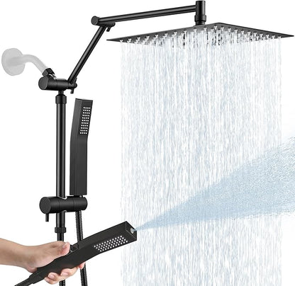 All Metal 12 Inch Rain Shower Head with Handheld Spray Combo, High Pressure Waterfall Rainfall Square Shower Heads with 16" Adjustable Extension Arm, Dual Showerhead with 3-Way Diverter, Matte Black