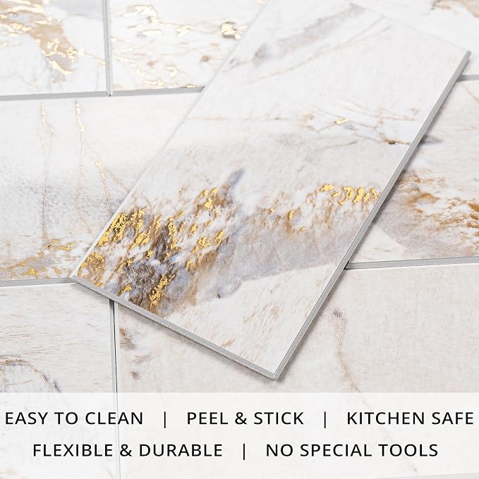 StyloVue 100 Pieces Peel and Stick Backsplash for Kitchen, 3" x 6" PVC Subway Tile, 2026 Upgraded Ivory Calacatta Marble Look with Gold Veining, Glossy Finish, Stick on Tile for Kitchen, Fireplace, RV