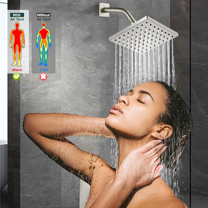 Heyalan 6 Inch Shower Faucet Set with Tub Spout and Valve,Brushed Nickel | 6-inch square rainfall head, tub spout with diverter, male-thread rough-in valve, single-handle control and wall-mount design