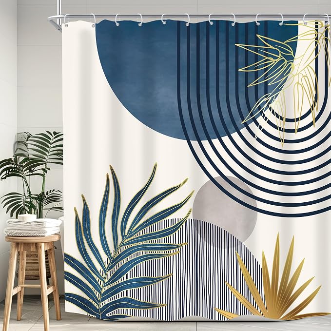 Mid Century Boho Abstract Modern Sun Minimalist Bathroom Shower Curtain Set | 72Wx72L Arch Curve design, waterproof HD print with fast-drying fabric and 12 hooks.