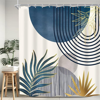Mid Century Boho Abstract Modern Sun Minimalist Bathroom Shower Curtain Set | 72Wx72L Arch Curve design, waterproof HD print with fast-drying fabric and 12 hooks.