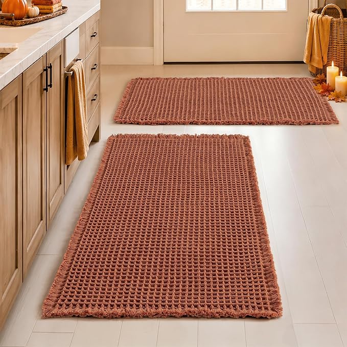 MIULEE Fall Rust Set of 2 Waffle Bathroom Rugs Boho Bath Mat 18x30 Inch | Non Slip, Super Absorbent, Washable, Ultra Soft, Rubber Backed Bath Rugs for Bathroom Floor Tub Shower