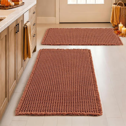 MIULEE Fall Rust Set of 2 Waffle Bathroom Rugs Boho Bath Mat 18x30 Inch | Non Slip, Super Absorbent, Washable, Ultra Soft, Rubber Backed Bath Rugs for Bathroom Floor Tub Shower