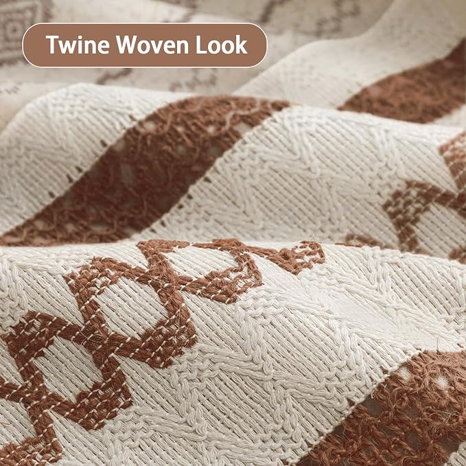 Brown Boho Linen Shower Curtain,72" W x 72" L | Linen Striped Print and Twine-Inspired Woven Center for Bathroom