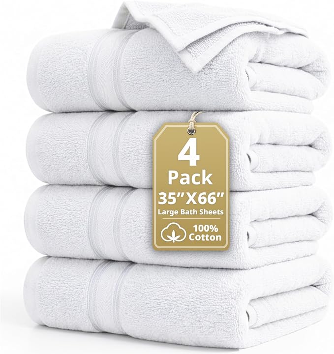 LANE LINEN Bath Sheets 100% Cotton 4 Pack Oversized Soft - White | Oversized Shower Sheets - Generously Sized, Oversized & Roomy, Lightweight & Breathable, Fade-Resistant Color
