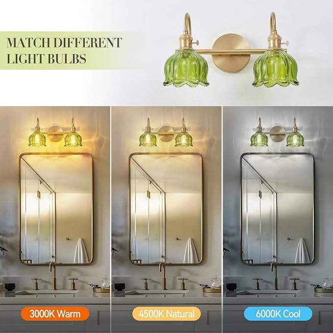 2-Light Vintage Bathroom Light Fixtures, 14.5" Hardwired Vanity Lights with Green Tulip Glass Shades, Brushed Gold Antique Wall Lights for Mirror Restroom Bedroom Living Room(Bulbs Not Included)