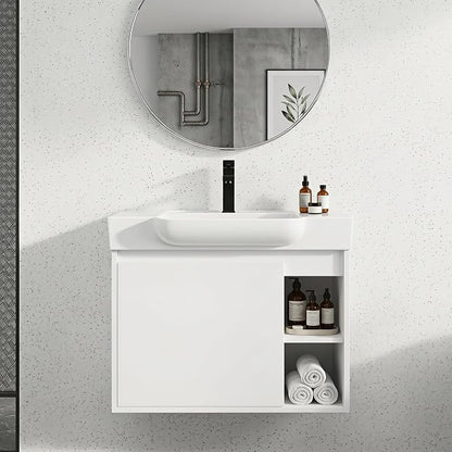 28" Bathroom Vanity with Sink, Wall-Mounted Cabinet, Glossy White | Ceramic Sink, Soft-Close Door & 2 Open Storage Shelves, Modern Farmhouse Sink Cabinet, Easy to Clean for Small Bathroom