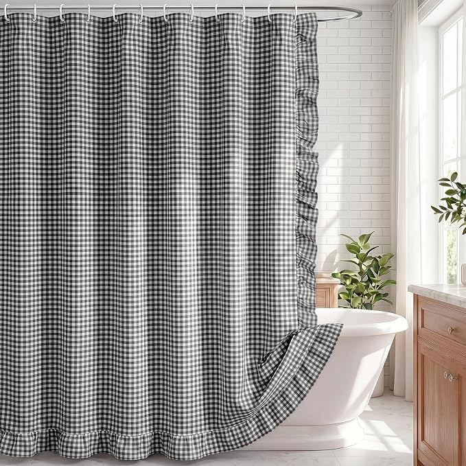 HunnmingRe Ruffled Gingham Shower Curtain Matte Black | 72'' x 72'' Vintage Farmhouse Curtain, Cotton Cottage Core Rural Checkered Plaid Decor, Fall Shower Curtain for Bathroom