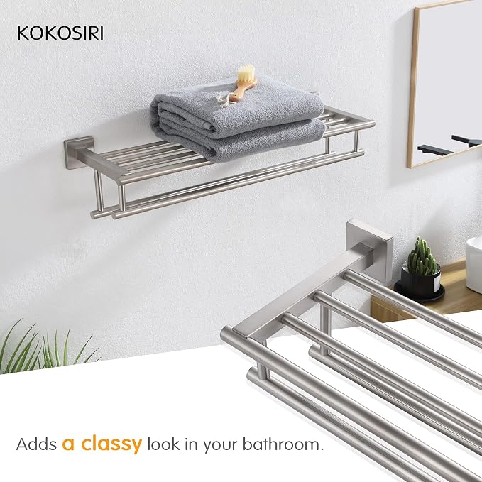 KOKOSIRI 20 Inch Towel Rail Towel Shelf with Double Towel Bars Bathroom Towel Rack Towel Holder Wall Mounted SUS 304 Stainless Steel, Brushed Nickel, B6005BR-L20