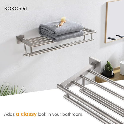 KOKOSIRI 20 Inch Towel Rail Towel Shelf with Double Towel Bars Bathroom Towel Rack Towel Holder Wall Mounted SUS 304 Stainless Steel, Brushed Nickel, B6005BR-L20
