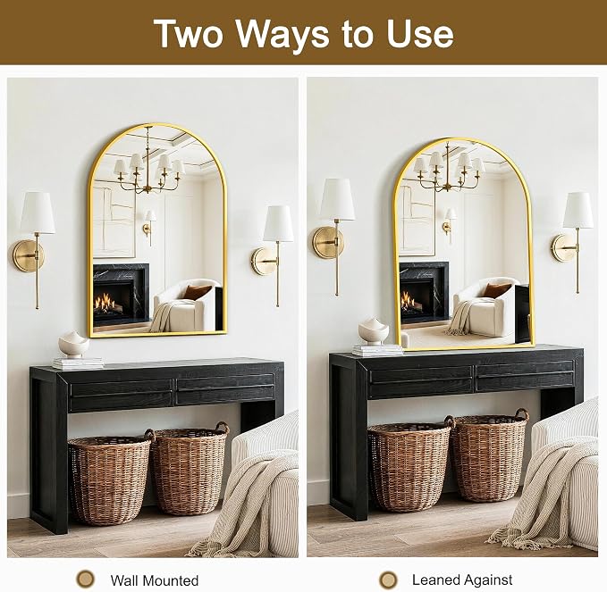 FGU Arched Bathroom Mirror for Over Sink 36"x24" Gold Vanity Mirror | Wall Mounted, HD Tempered Shatter-Proof Glass, Rust-proof Arched Metal Frame, Arch Mirror for Bedroom, Living Room, Entryway