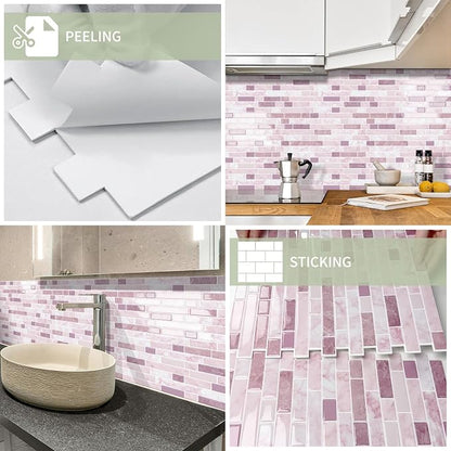 10 Sheets Thick Peel and Stick Kitchen Backsplash Tiles | 3D Waterproof Self Adhesive Wall Tile Stick on Backsplash for Kitchen,Bathroom and Fireplace(Pink,12"×12")