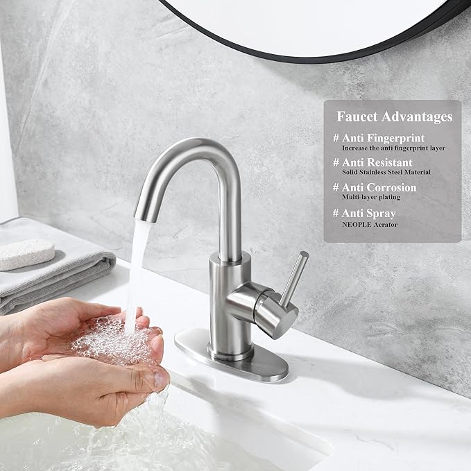 Brushed Nickel Bar Sink Faucet, Wet bar Faucet with 3 Hole Deck Plate and Supply Lines, Stainless Steel Single Handle Faucet for Bar Sink, Bathroom and Mini Kitchen Sink JU1100-BN