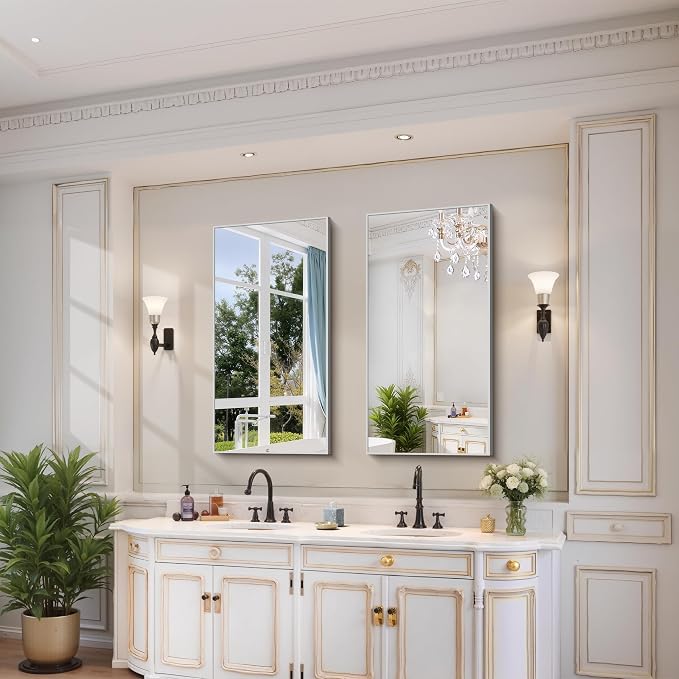 YIROMAN Bathroom Mirror 20"x40", Brushed Silver Bathroom Mirror for Over Sink with Aluminum Frame, Rectangular Vanity Mirror with Right Angle, Wall Mirror Hangs Horizontal or Vertical