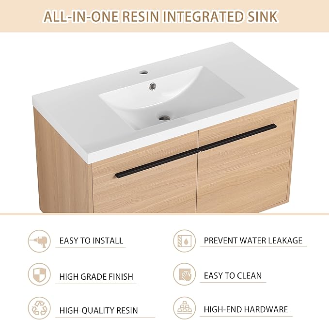 36" Floating Bathroom Vanity,36 Inch Bathroom Vanity with Sink,Single Sink Wall Mounted Vanity Combo,Brown Wall Mounted Cabinet Set