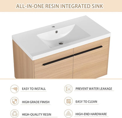 36" Floating Bathroom Vanity,36 Inch Bathroom Vanity with Sink,Single Sink Wall Mounted Vanity Combo,Brown Wall Mounted Cabinet Set