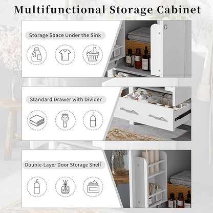 Favfurish 48" Bathroom Vanity with Ceramic Double Sink, Undermount Double Basin Vanity Set w/2 Divided Drawers and 4 Double-Layer Soft Close Doors & Built-in Shelf, Freestanding Storage Cabinet,White