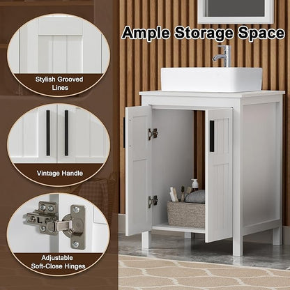 UEV White 24" Bathroom Vanity with Sink Combo, Modern Rectangle Ceramic Vessel Sink, Grooved Doors & Metal Handles