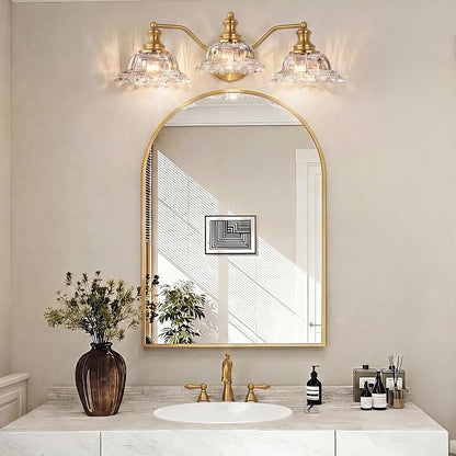 Brass Bathroom Light Fixtures Over Mirror, 3 Light Vintage Bathroom Vanity Light Fixture with Clear Flower Glass Shades, Retro Gold Wall Sconce E26 Vanity Lights for Bathroom Living Room