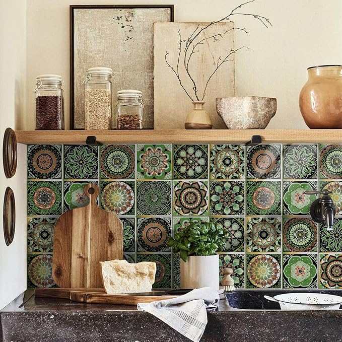 Easy Peel Stick wall Tile Stickers 6x6in Stick on backsplash Tiles,12Pcs | removable 3D tile for kitchen RV bathroom laundry backsplash decor,Ultra-high-definition printed mandala pattern