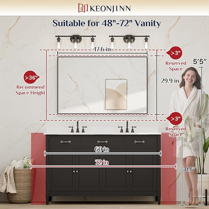Keonjinn 48x30 Inch Gold Bathroom Mirror for Over Sink, Vanity Mirror | HD Tempered Glass, Rectangular, Brushed Framed, Square Corner, Modern Farmhouse, Wall Mounted Mirrors, Aluminum Alloy