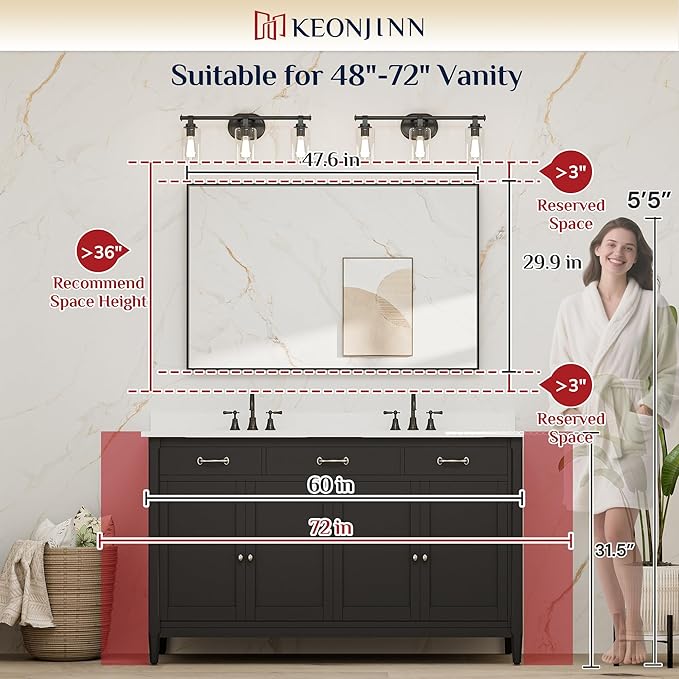 Keonjinn 48x30 Inch Black Bathroom Mirror for Over Sink, Rectangular | HD Tempered Glass, Vanity Mirror, Brushed Framed, Square Corner, Modern Farmhouse, Wall Mounted Mirrors, Aluminum Alloy