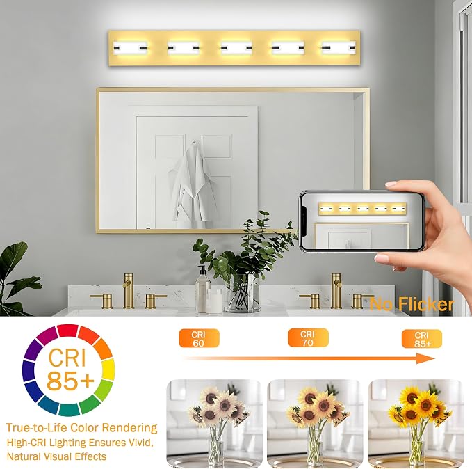 LED Gold Bathroom Light Fixtures , 5-Light 5700K Modern Vanity Lights | NOVELUX LED Gold Bathroom Light Fixtures, 5-Light Modern Vanity Lights , ETL Listed, 35W (Cool White 5700K)